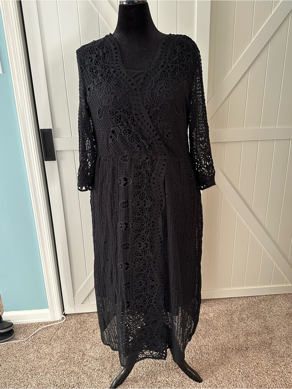 Soft Surroundings Petite XL Black Crochet Lace Maxi Dress Attached Cami Slip